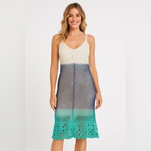 Ombre Crochet Midi Dress in Cream, Blue & Teal